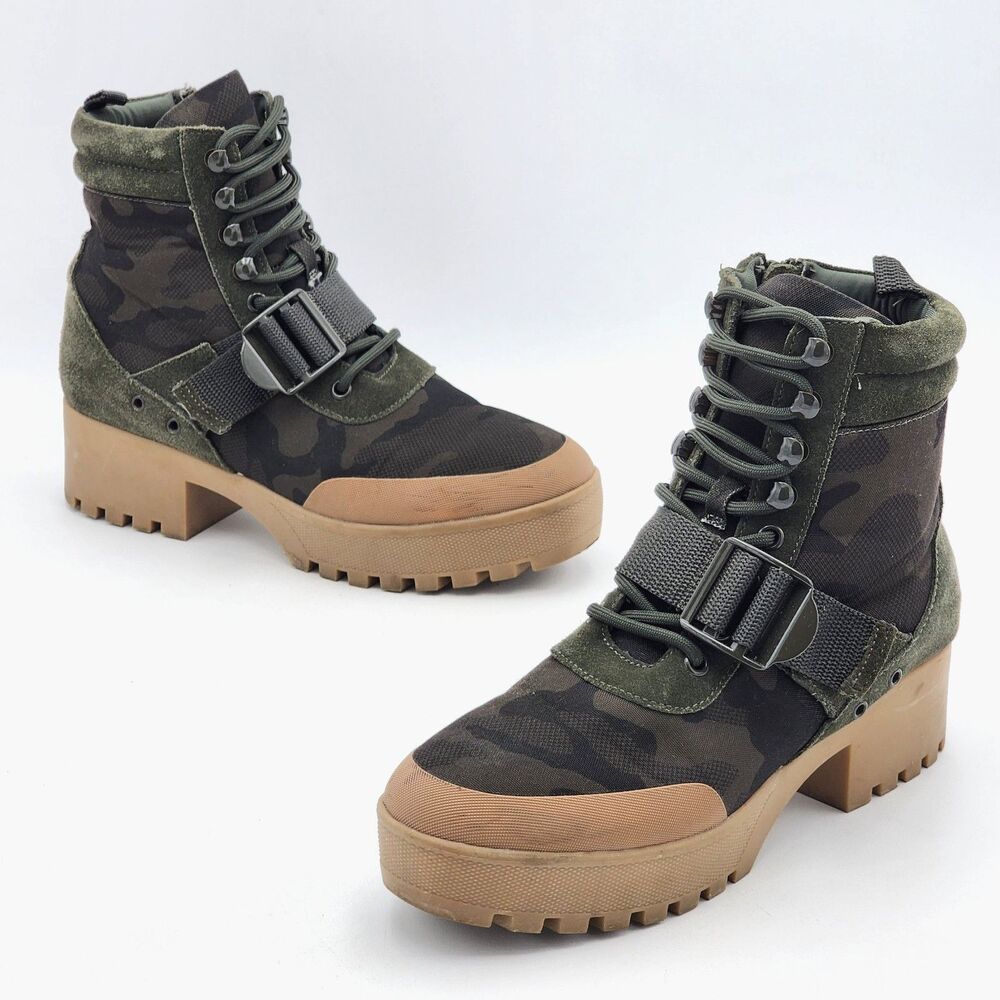 Steve Madden Nayra Camo Platform Lug Sole Combat Boots Booties Green Tan Size 9